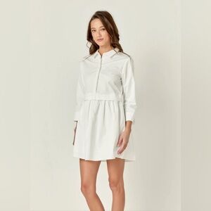 English Factory White Pleated Mini Dress with Cuffed Sleeves